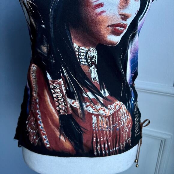Y2K Morgan de Toi Tee Shirt Indian Princess Side Lace Cut Out Cap Sleeve Size XS - Picture 4 of 13